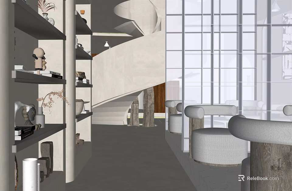 Modern Cafe Interior Design With Sofa Seating Large Windows And Decorative Shelves 3d model 