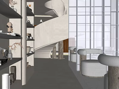 Modern Cafe Interior Design With Sofa Seating Large Windows And Decorative Shelves 3d model