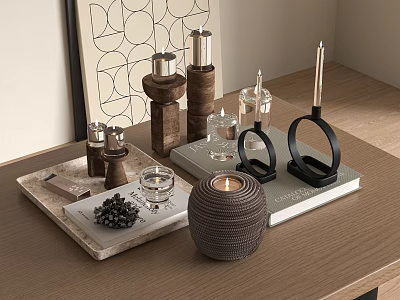Decorative Items On Wooden Table With Tray Candle Holders And Glassware 3d model