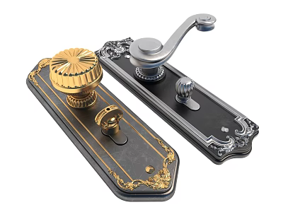 Decorative Door Handles with Gold and Silver Finishes on Black Ornamental Bases 3d model