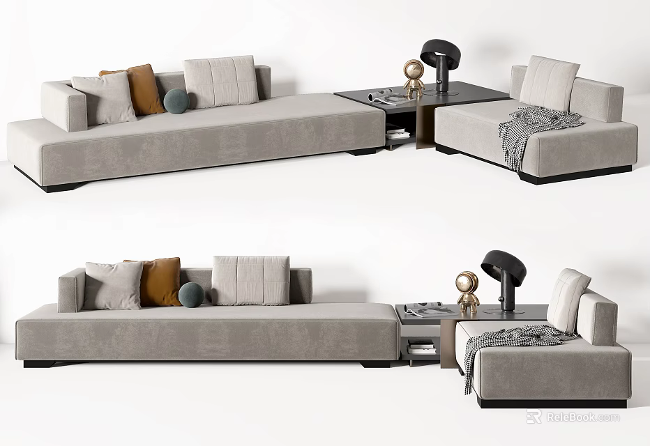 Modern Gray Sofa and Coffee Table Set With Decorative Pillows Throw Blanket and Table Lamp 3d model