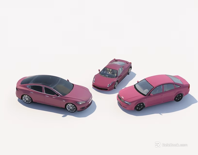 Three Pink Cars In Various Styles Including Sedan And Sports Car Design 3d model 