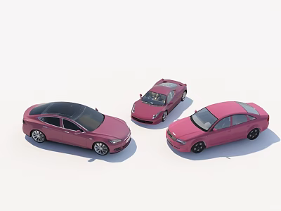 Three Pink Cars In Various Styles Including Sedan And Sports Car Design 3d model