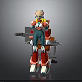 Pink Headed Mecha Character In Blue Red Armor With White Boots And Mechanical Structure