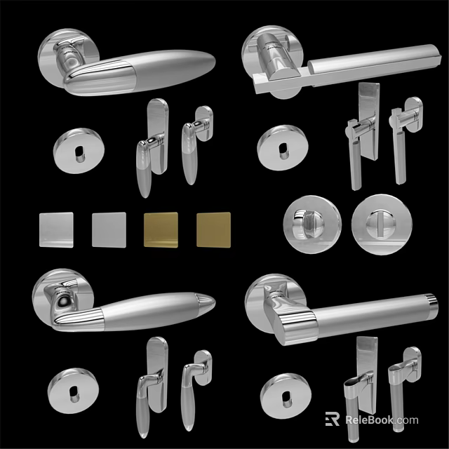 Swing Door Hardware With Various Handles Locks And Silver Gold Components 3d model 