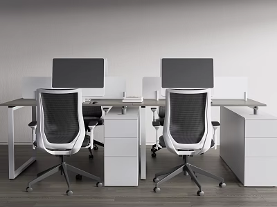 Modern Office Desk Setup With Dual Monitors White Mesh Chairs And Filing Cabinets 3d model
