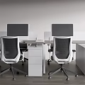 Modern Office Desk Setup With Dual Monitors White Mesh Chairs And Filing Cabinets