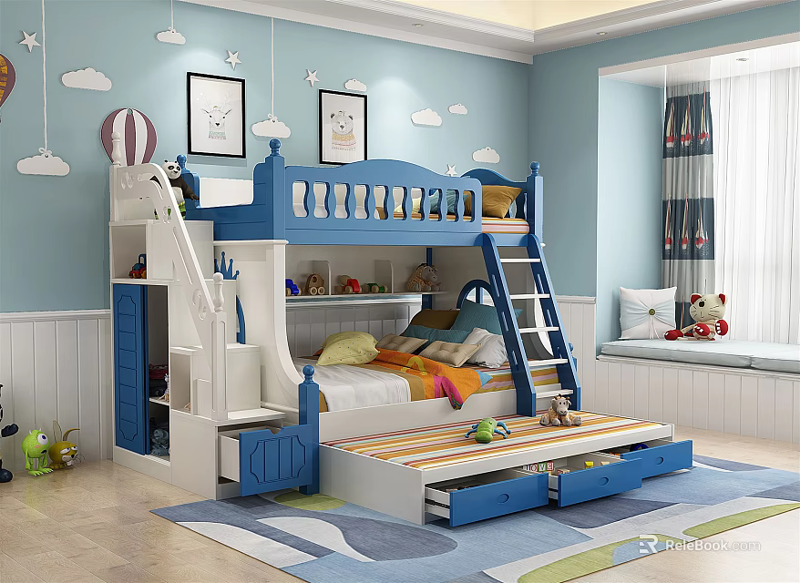 Blue and White Kids Bunk Bed with Staircase Storage and Drawers in Playful Room 3d model 