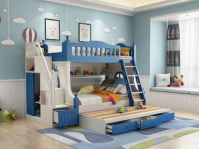 Blue and White Kids Bunk Bed with Staircase Storage and Drawers in Playful Room 3d model