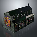 Gothic Church Building With Stained Glass Windows Arched Stone Masonry And Cross On Roof