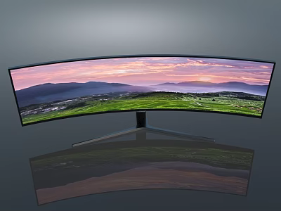 Curved Computer Monitor with Scenic Mountain Sunset View on Sleek Metal Stand and Clear Reflection 3d model