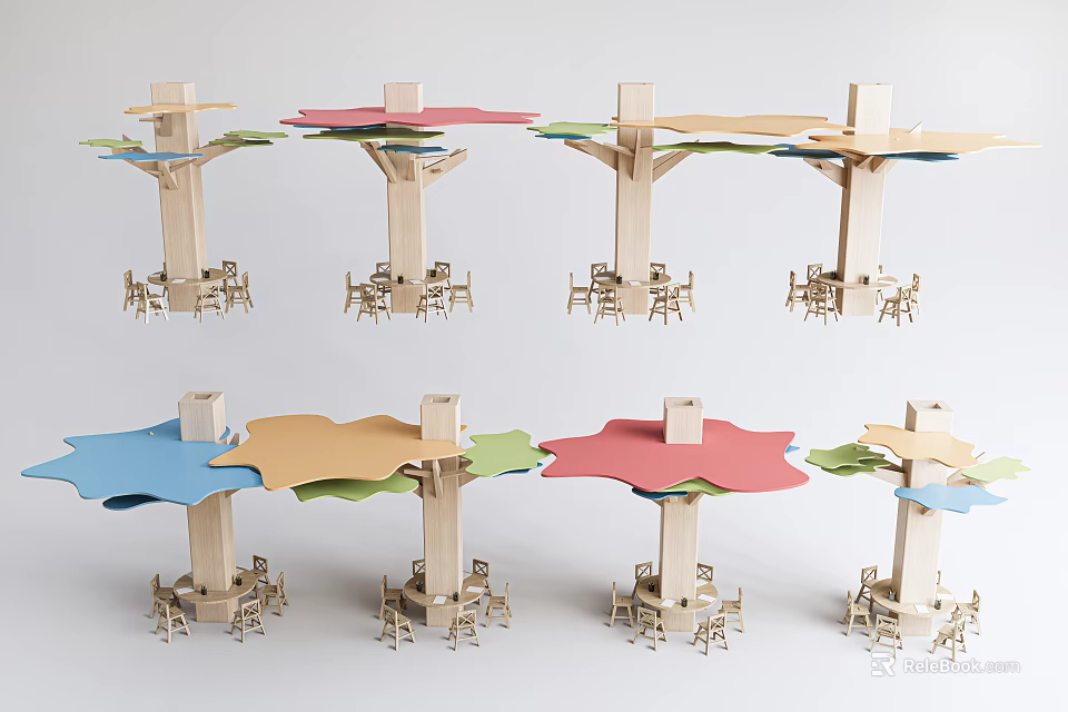 Multiple Wooden Columns Supporting Colorful Geometric Tabletop Structures In Modern Design 3d model