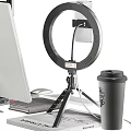 Modern Computer Desktop Setup With Monitor Keyboard Mouse Phone Holder Ring Light And Desk Lamp