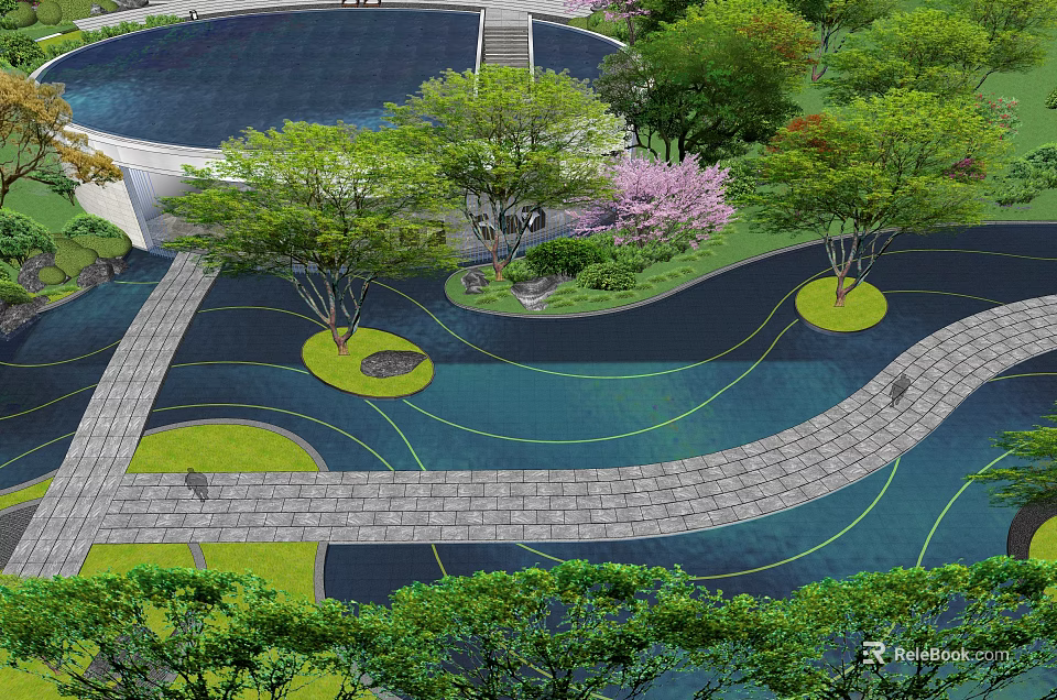 Garden Landscape Design With Winding Pathways Lush Trees Green Lawns And Water Features 3d model 