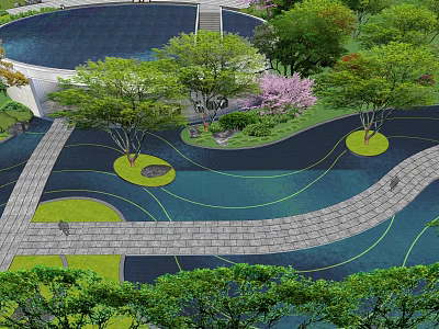 Garden Landscape Design With Winding Pathways Lush Trees Green Lawns And Water Features 3d model