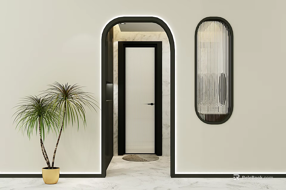 Modern Interior With Oval Striped Partition Arch Door Beige Wall And Green Plant 3d model 