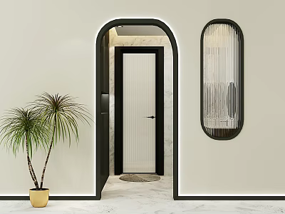 Modern Interior With Oval Striped Partition Arch Door Beige Wall And Green Plant 3d model