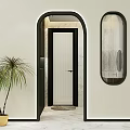 Modern Interior With Oval Striped Partition Arch Door Beige Wall And Green Plant