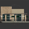 Commercial Building With Beige Walls Stone Wall Section Covered Patio Green Umbrellas And Large Windows
