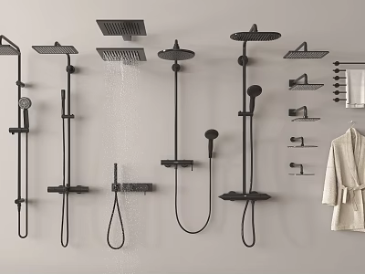 Modern Black Wall Mounted Shower Systems with Rainfall Handheld Heads and Bathrobe On Towel Rack 3d model