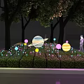 Colorful Outdoor Lights On Green Lawn With Circular Moon Pattern And Spherical Lamps