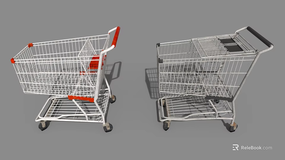 Two Shopping Carts Featuring Metal Frames Red Handles And Wheel Designs 3d model