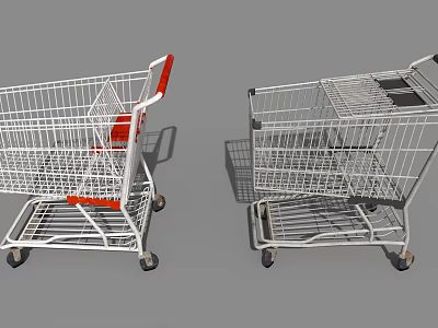 Two Shopping Carts Featuring Metal Frames Red Handles And Wheel Designs 3d model