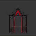Decorative Pavilion with Black Metal Frame Ornate Spire Curved Metal Designs and Red Fabric Interior