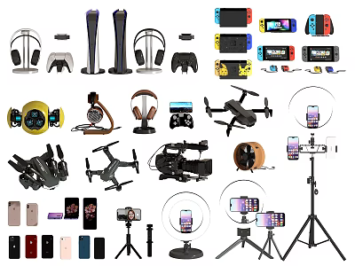 Mobile Digital Accessories Collection With Headphones Game Controllers Drones And Ring Lights 3d model