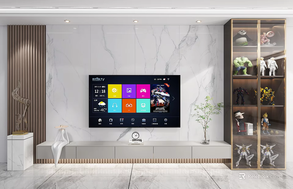 Modern Marble TV Background Wall With TV Stand And Decorative Display Cabinet 3d model 