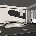 Modern Bedroom With Large Bed Irregular Black Mirror White Armchair And Floor to Ceiling Curtains