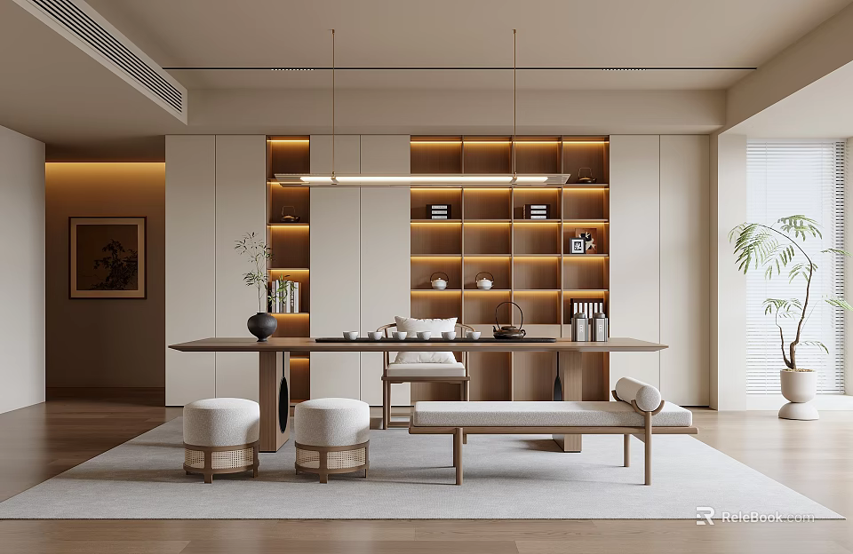 Modern Tea Room With Wooden Table Stools Illuminated Bookshelves Green Plants And Warm Lighting 3d model 
