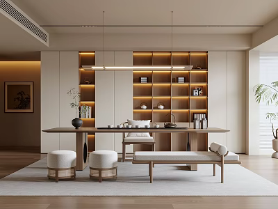 Modern Tea Room With Wooden Table Stools Illuminated Bookshelves Green Plants And Warm Lighting 3d model