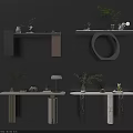 Modern Entryway Console Tables And Side Cabinets With Marble Tops Metal Legs Green Plants And Decorative Items