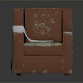 Red Worn Armchair With Peeling Surface And White Cloth On Seat