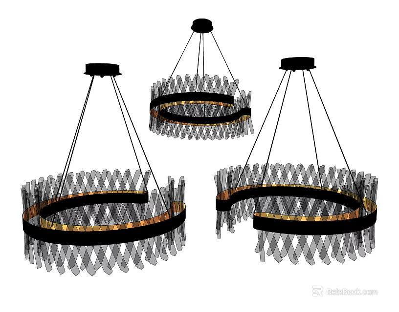 Three Modern Circular Chandeliers With Black Frame And Transparent Glass Decor Elements 3d model