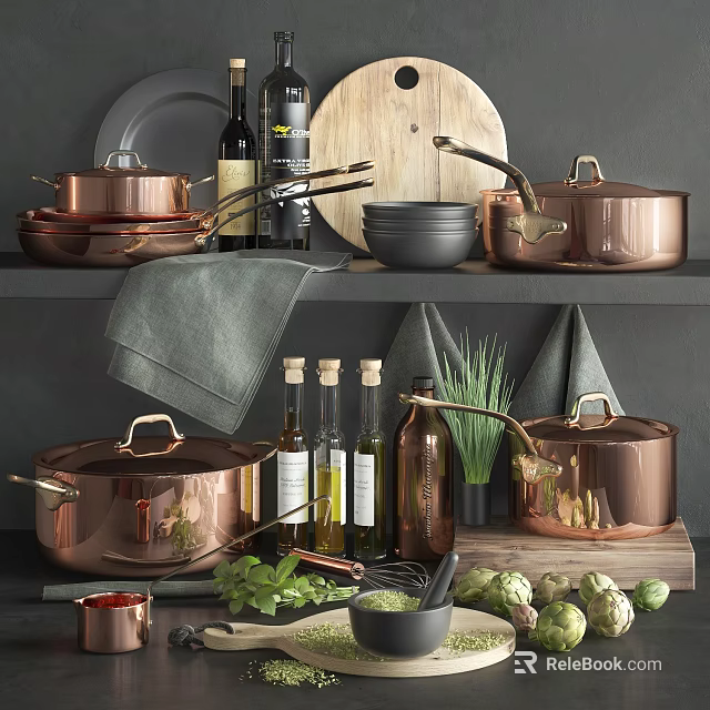 Copper Kitchen Cookware With Pots Pans Olive Oil Bottles And Fresh Vegetables On Shelf 3d model 