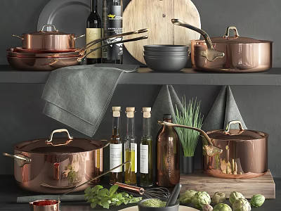 Copper Kitchen Cookware With Pots Pans Olive Oil Bottles And Fresh Vegetables On Shelf 3d model