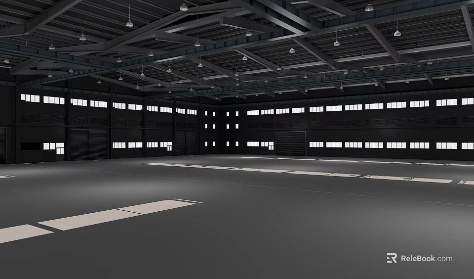 Spacious Industrial Warehouse Interior With Metal Roof Hanging Lights And Windows 3d model 