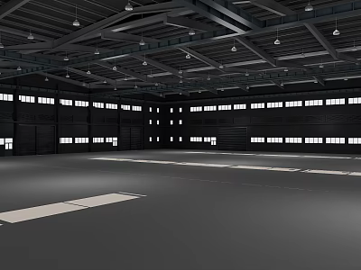 Spacious Industrial Warehouse Interior With Metal Roof Hanging Lights And Windows 3d model