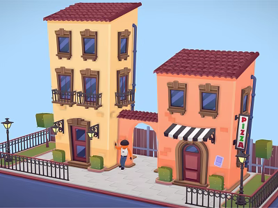 Cartoon Scene With Yellow Orange Buildings Red Roofs Pizza Shop Striped Awning And Street Lamp 3d model