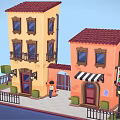 Cartoon Scene With Yellow Orange Buildings Red Roofs Pizza Shop Striped Awning And Street Lamp