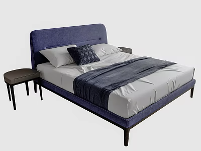 Modern Blue Upholstered Double Bed With White Sheet Dark Blue Blanket And Side Nightstand 3d model
