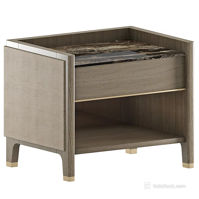 Modern Luxury Wooden Bedside Table With Marble Top Drawer And Gold Accents 3d model 