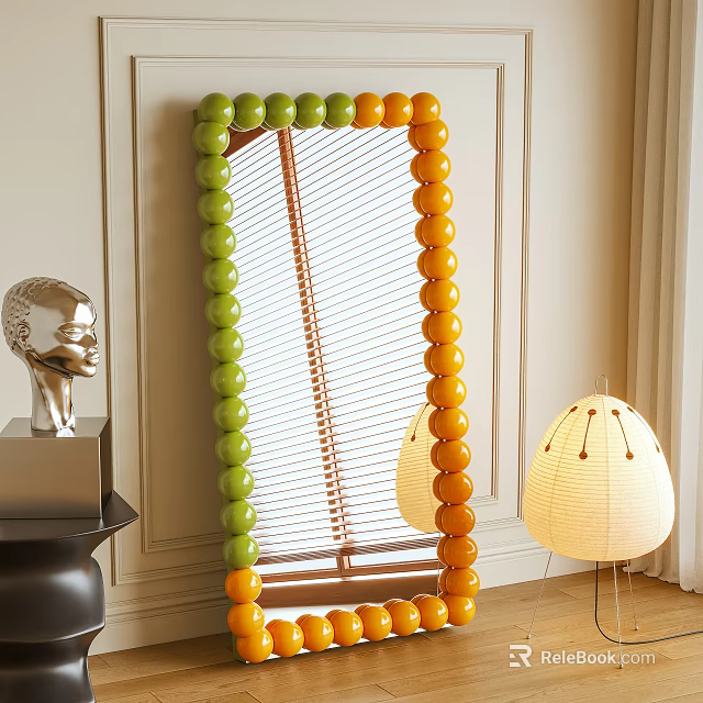 Decorative Mirror with Green and Orange Spherical Frame and Sculpture Head in Modern Interior 3d model 