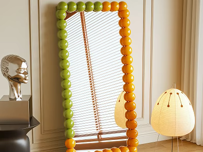 Decorative Mirror with Green and Orange Spherical Frame and Sculpture Head in Modern Interior 3d model