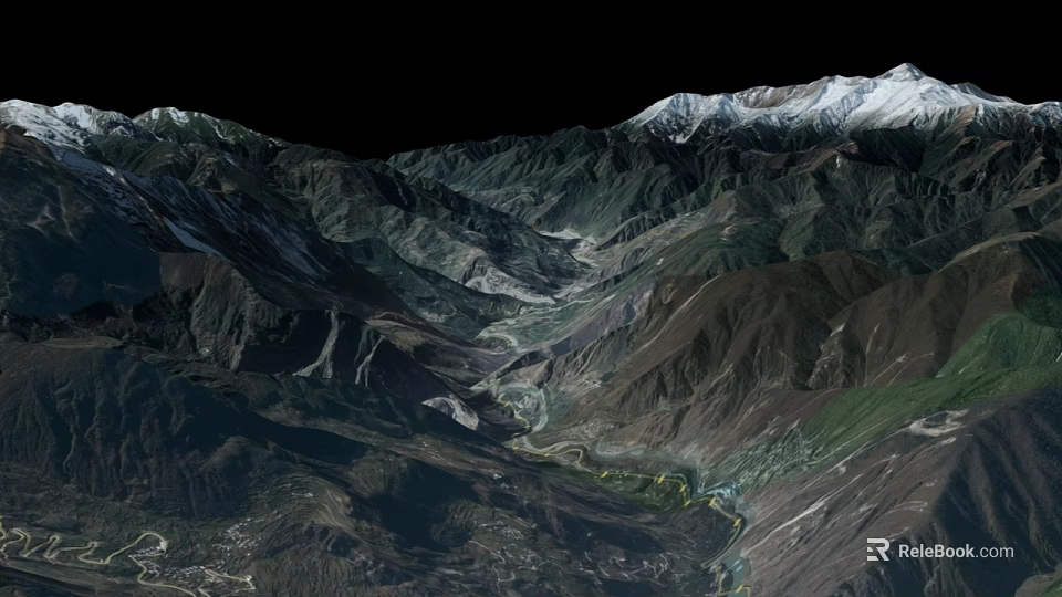 Breathtaking Garden Landscape With Snow Capped Mountains Valleys And River 3d model 