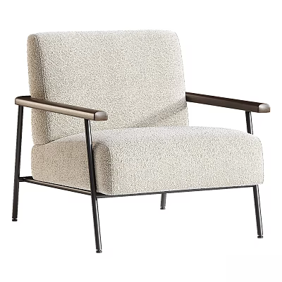 Modern Minimalist Accent Chair With Beige Fabric Upholstery Metal Armrests And Black Metal Legs 3d model
