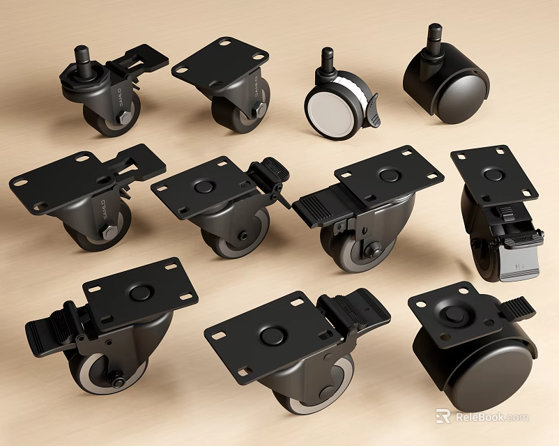 Various Black Casters in Different Designs for Furniture and Equipment 3d model 