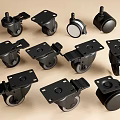 Various Black Casters in Different Designs for Furniture and Equipment